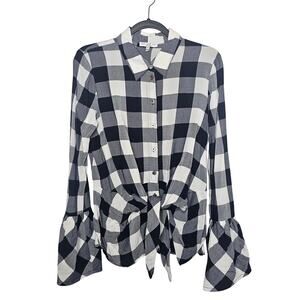 Current Air Buffalo Plaid Button Up Shirt Tie Waist Bell Sleeves Navy Sz Medium